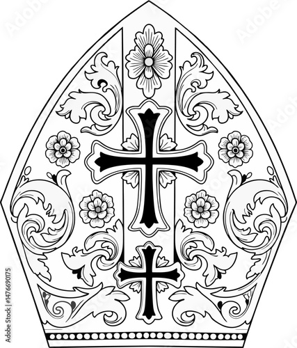 Black Cross Bishop Mitre Vector – Ornate Catholic Clergy Hat with Baroque Floral Decoration in Religious Line Art Style