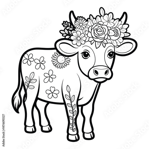 Cow with a flower crown Coloring Page, Silhouette, Vector, Illustration, Icon, Logo, White Background.