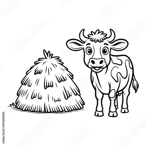 Cow with a haystack Coloring Page, Silhouette, Vector, Illustration, Icon, Logo, White Background.