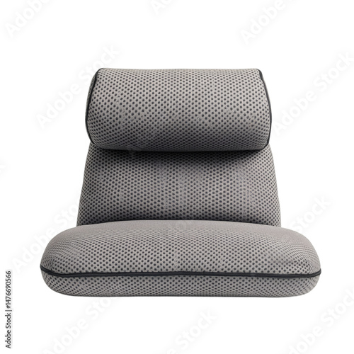 An ergonomic back support cushion with lumbar roll, covered in gray mesh fabric, front view, isolated on a white background with ample space around the object, realistic style