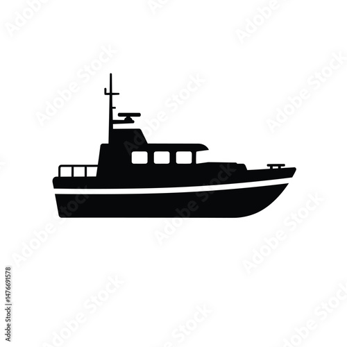 A simple black and white silhouette illustration of a motorboat with an antenna on white background