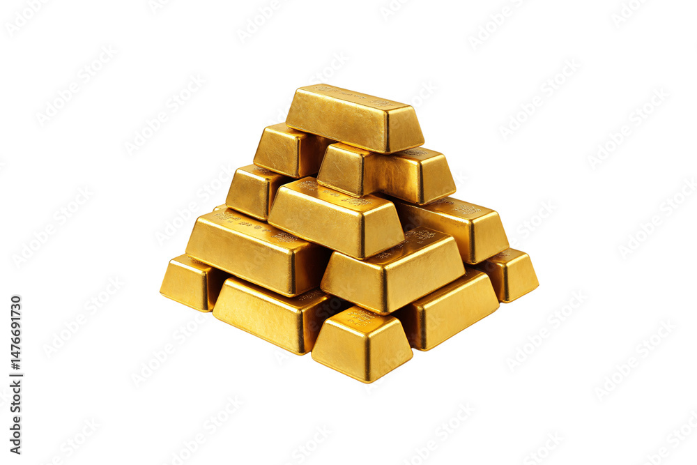 A pyramid of shiny gold bars stacked precisely, symbolizing wealth, value, and financial security, isolated on a transparent background