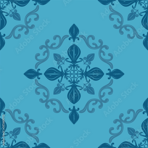 Classical Royal Vintage Blue Fleur de lis Ornament Pattern Cool Theme in Luxury Rich Historical Detailed Cross Florals Motif Baroque Style. Elegance Seamless Repeat Medieval For Decor Silk Embroidery