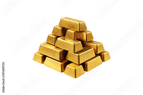 A pyramid of shiny gold bars stacked precisely, symbolizing wealth, value, and financial security, isolated on a transparent background