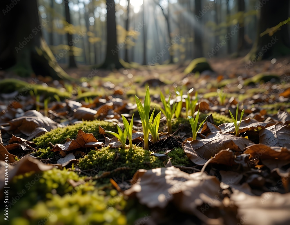 Sunlit Forest Floor with Vibrant Green Moss and Golden Light Rays - Woodland Nature Photography for Environmental Awareness and Natural Beauty Sunlit Forest Floor with Vibrant Green Moss and Golden Light Rays - Woodland Nature Photography for Environmental Awareness and Natural Beauty