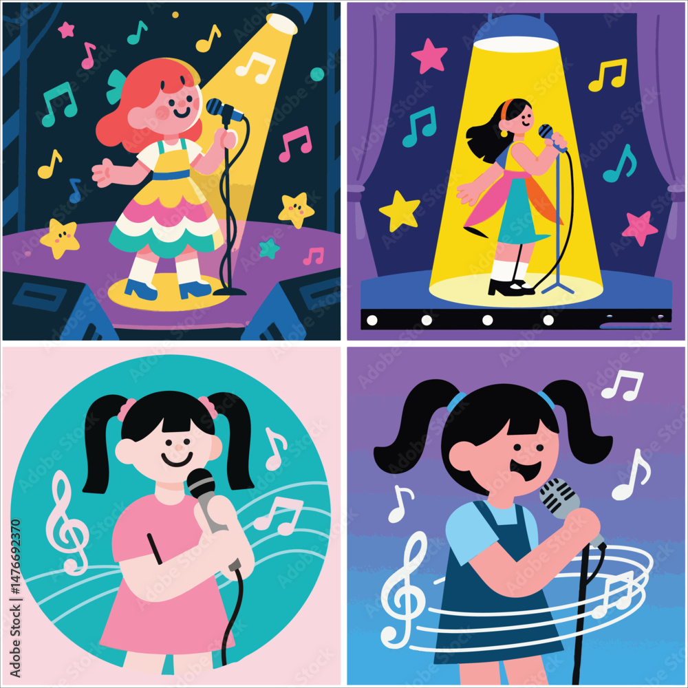 Collage of four vector illustrations featuring a young girl singing into a microphone, set against colorful backgrounds with musical notes and stars. Collage of four vector illustrations featuring a young girl singing into a microphone, set against colorful backgrounds with musical notes and stars.