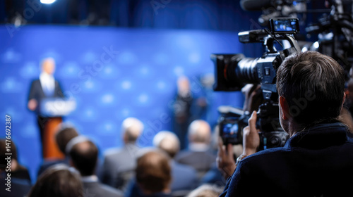 Wallpaper Mural Male speaker at press conference with media coverage and cameraman in focus Torontodigital.ca