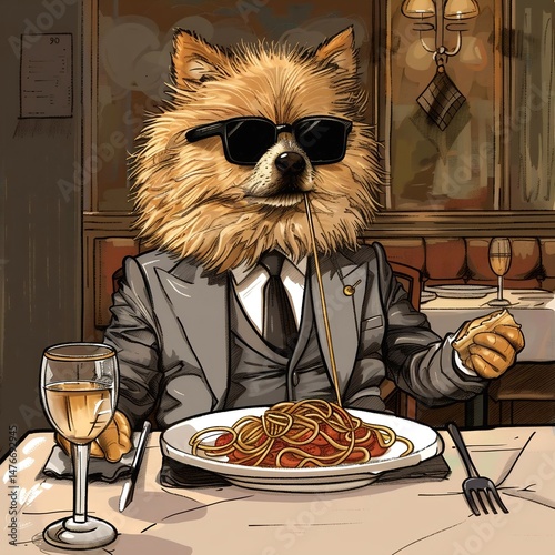 A sophisticated Pomeranian dog, dressed in a gray suit and sunglasses, enjoys a plate of spaghetti and meatballs with a glass of white wine in a cozy restaurant setting.