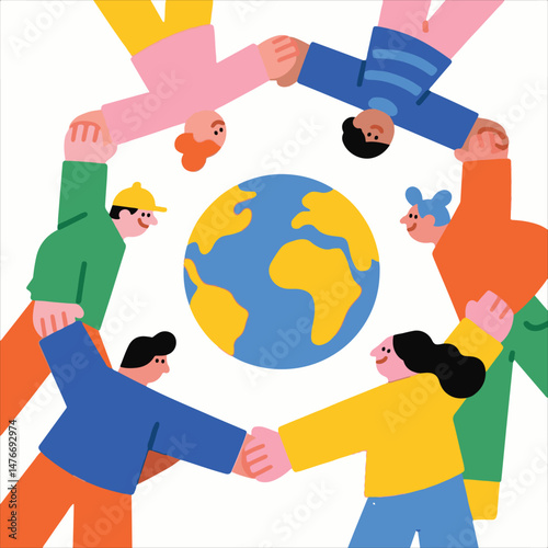 A cheerful illustration vector shows diverse people holding hands in a circle around the Earth.