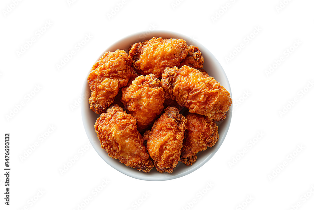 Crispy fried chicken wings in white bowl, crunchy golden coating, perfectly seasoned, hot and inviting, isolated on a transparent background