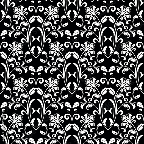 Flower pattern. Seamless white and black ornament. Graphic vector background.