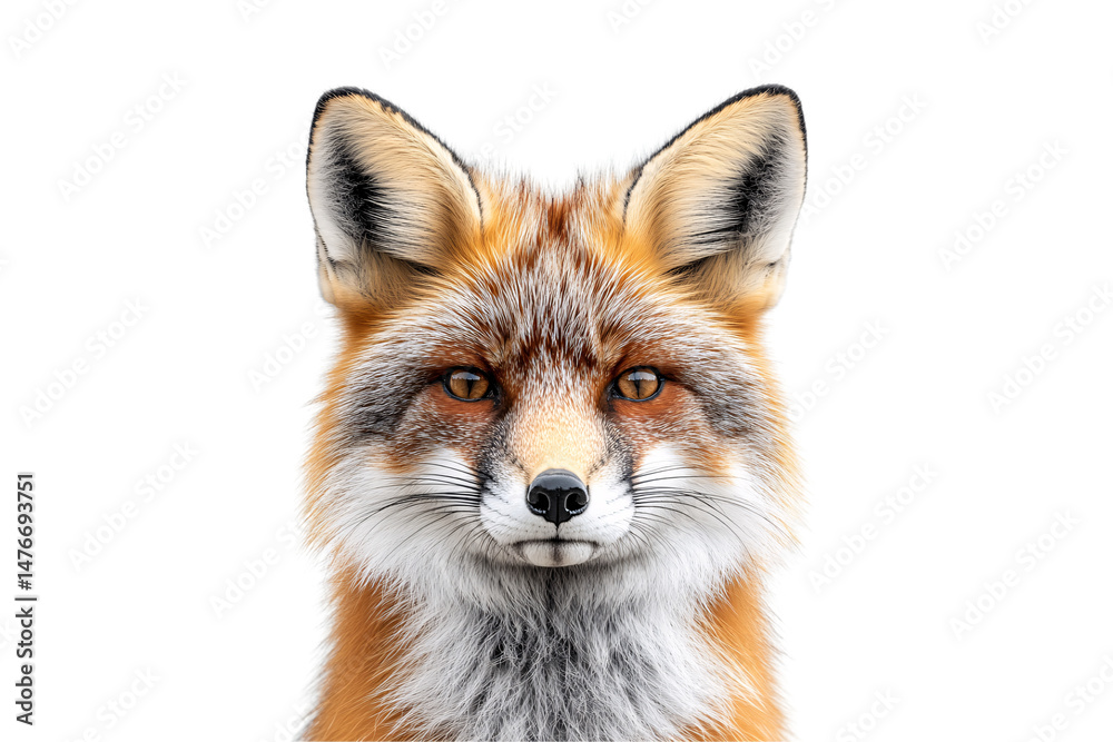 Front-facing red fox with striking amber eyes, lush fur, and a curious, intelligent stare, isolated on a transparent background