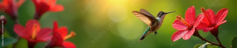 Fototapeta premium Tiny hummingbird hovers, long beak in vibrant red bloom , nectar, fast