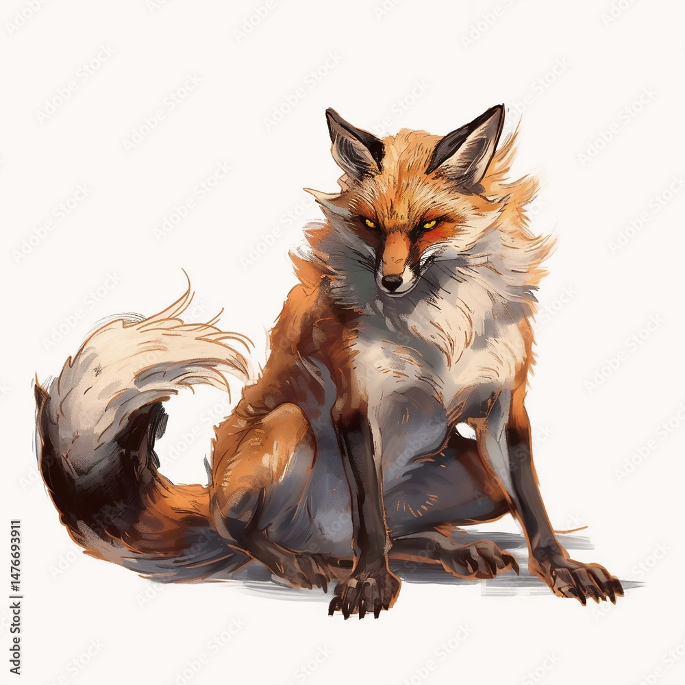 Obraz premium A red fox with white markings, yellow eyes, and visible claws sits on a white background, gazing directly at the viewer in a classic fantasy illustration.