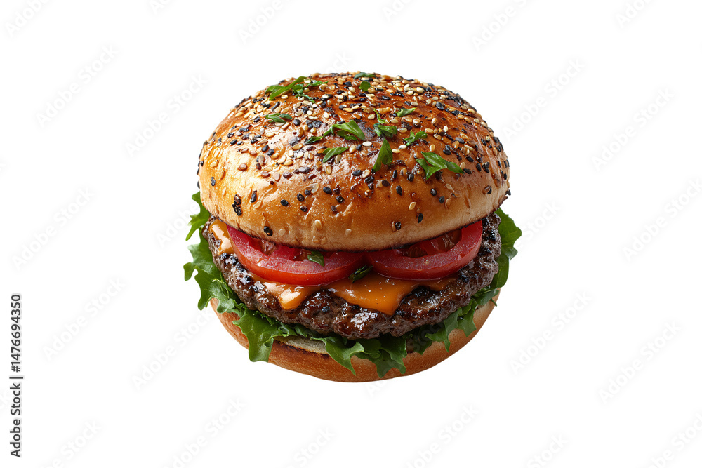 Hearty cheeseburger with fresh tomato, lettuce, grilled patty, sesame seed bun garnished with chopped herbs, isolated on a transparent background