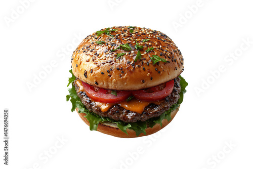 Obraz na płótnie Hearty cheeseburger with fresh tomato, lettuce, grilled patty, sesame seed bun garnished with chopped herbs, isolated on a transparent background w salonie