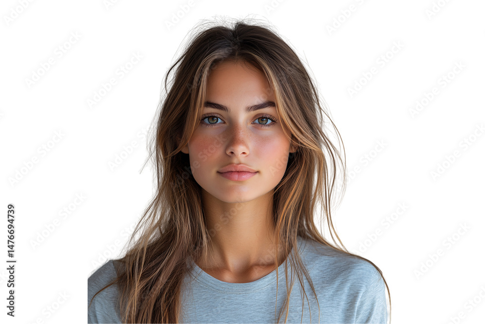Natural-looking girl in a gray shirt, soft lighting, clear skin, and calm, serene expression, isolated on a transparent background