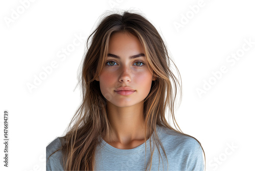 Obraz na płótnie Natural-looking girl in a gray shirt, soft lighting, clear skin, and calm, serene expression, isolated on a transparent background w salonie