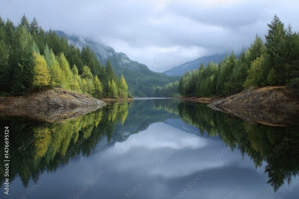 Serene Mountain Lake Reflection: Autumnal Trees and Misty Peaks Serene Mountain Lake Reflection: Autumnal Trees and Misty Peaks