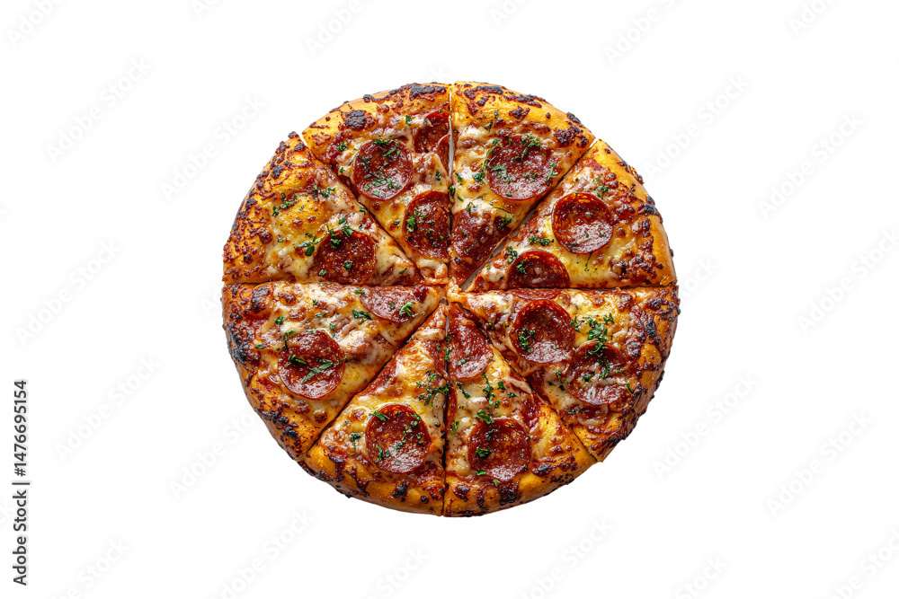 Perfectly baked pepperoni pizza topped with melted cheese and herbs, sliced into eight even pieces, isolated on a transparent background