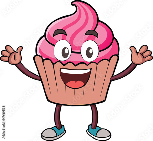 happy cupcake cartoon character with arms and legs 