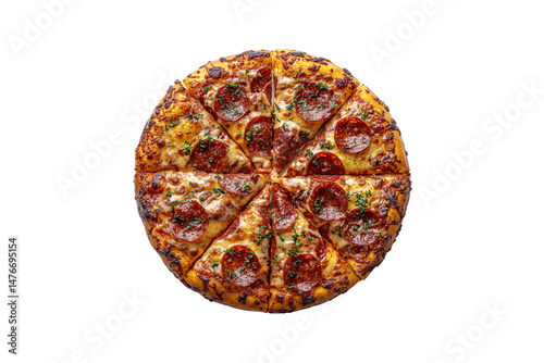 Obraz na płótnie Perfectly baked pepperoni pizza topped with melted cheese and herbs, sliced into eight even pieces, isolated on a transparent background w salonie