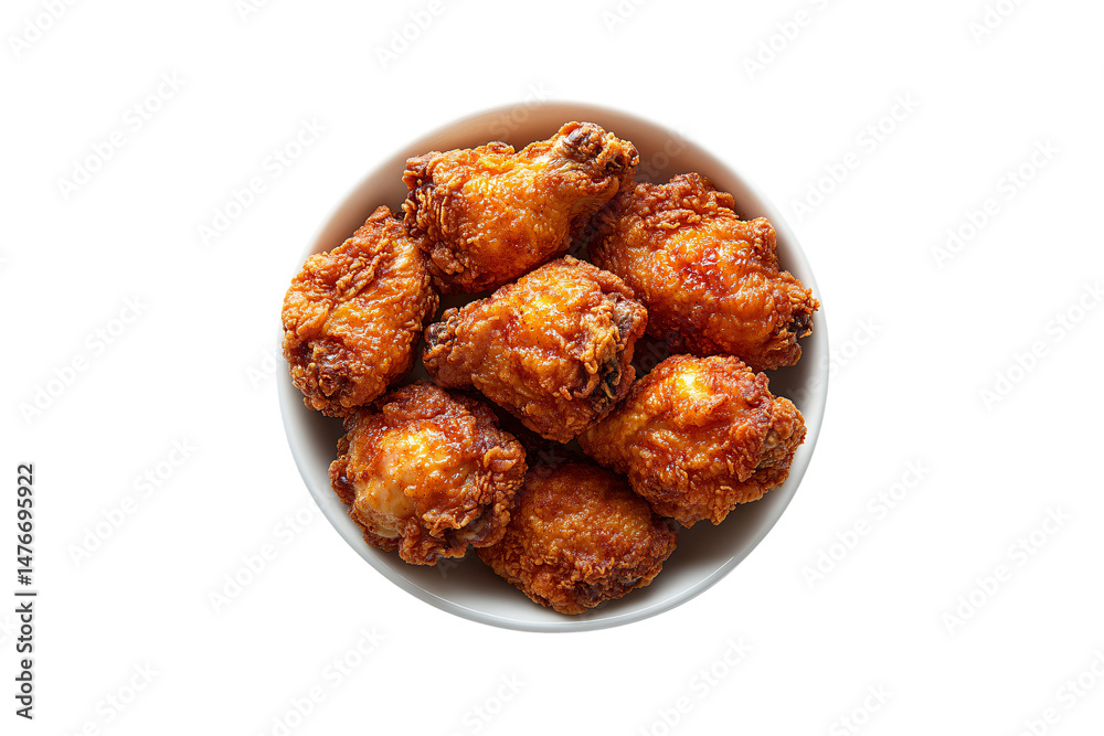 Spicy glazed chicken wings piled in bowl, glistening surface promises fiery heat and bold flavor, isolated on a transparent background