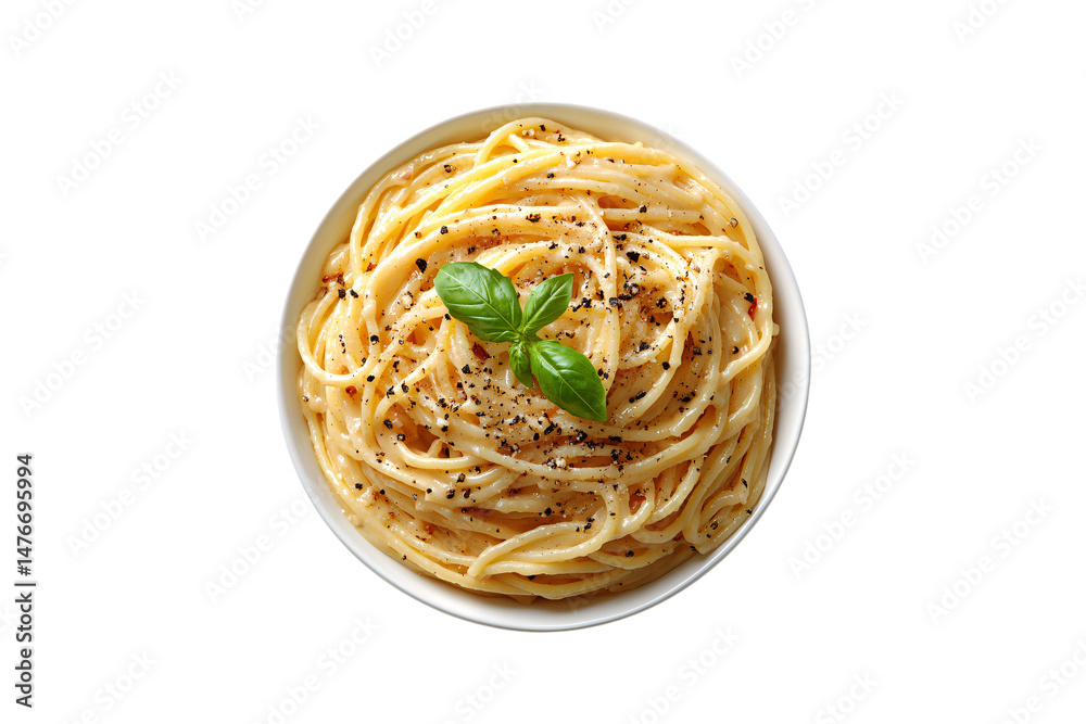 Smooth carbonara pasta with minimal garnish, black pepper sprinkled on top, and fresh basil centerpiece, isolated on a transparent background