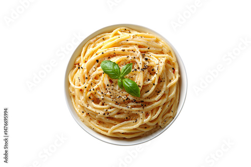 Obraz na płótnie Smooth carbonara pasta with minimal garnish, black pepper sprinkled on top, and fresh basil centerpiece, isolated on a transparent background w salonie