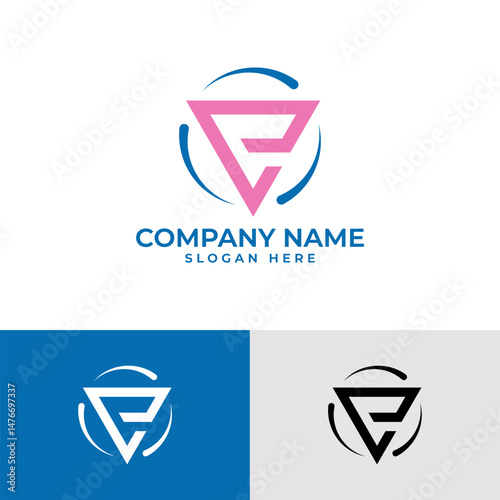 abstract letter E logo. Features a stylized "E" formed within a triangular shape, enclosed by a circular outline. Vibrant color scheme with blue, pink. Represents innovation, creativity, dynamic