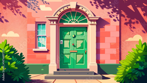 Light green door on pink-walled vintage Irish house in sunlight Very beautiful,