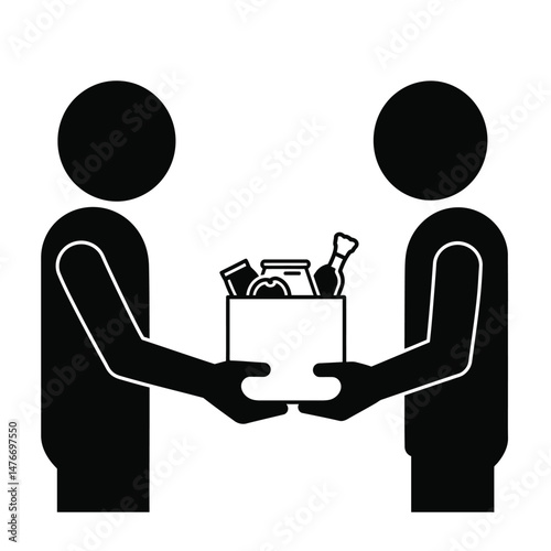 Two people sharing food box icon illustrating charity donations and volunteering support