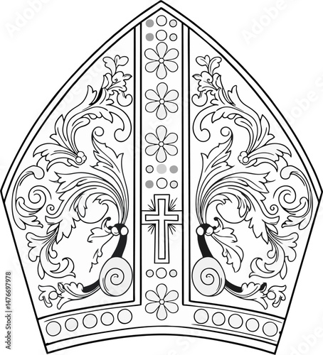 Elegant Bishop Mitre Vector with Center Cross and Baroque Floral Ornaments – Catholic Clergy Hat Line Art Illustration
