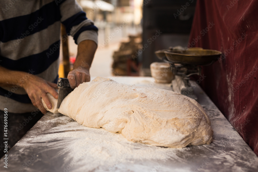Yeast dough on baking table. cooking process