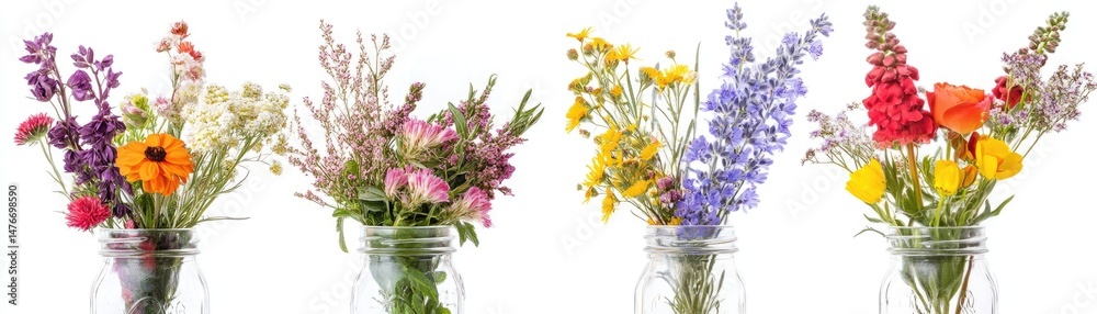 Fototapeta premium Vibrant Wildflower Arrangements in Glass Vases (2)