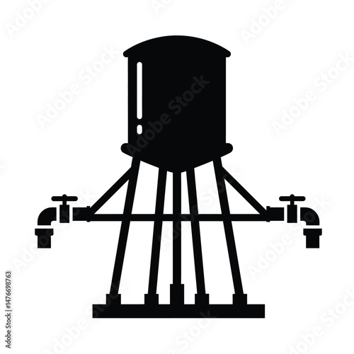 Simple silhouette illustration of a water tower with attached pipes and taps for water supply