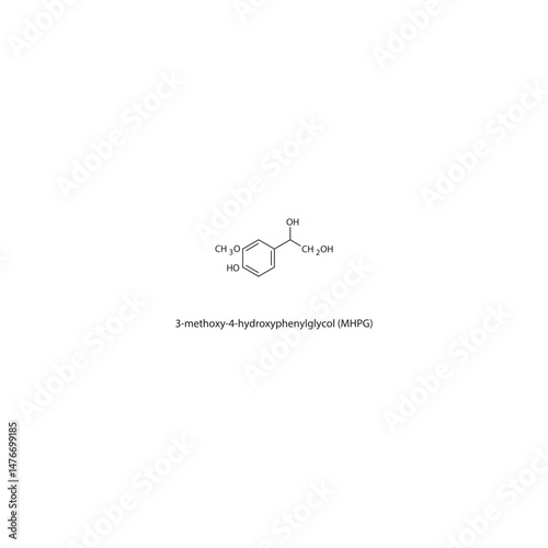 3-methoxy-4-hydroxyphenylglycol (MHPG) skeletal structure. Noradrenaline metabolite (CNS marker) compound schematic illustration. Simple diagram, chemical formula.