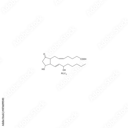 Prostaglandin E2 (PGE2) molecule molecular structure, prostaglandin compound skeletal formula, simple diagram illustration