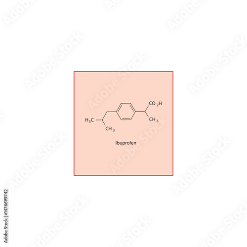 Ibuprofen molecule molecular structure, NSAID compound skeletal formula, simple diagram illustration