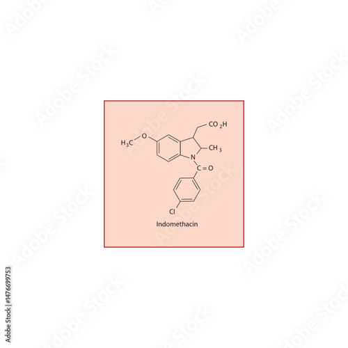 Indomethacin molecule molecular structure, NSAID compound skeletal formula, simple diagram illustration