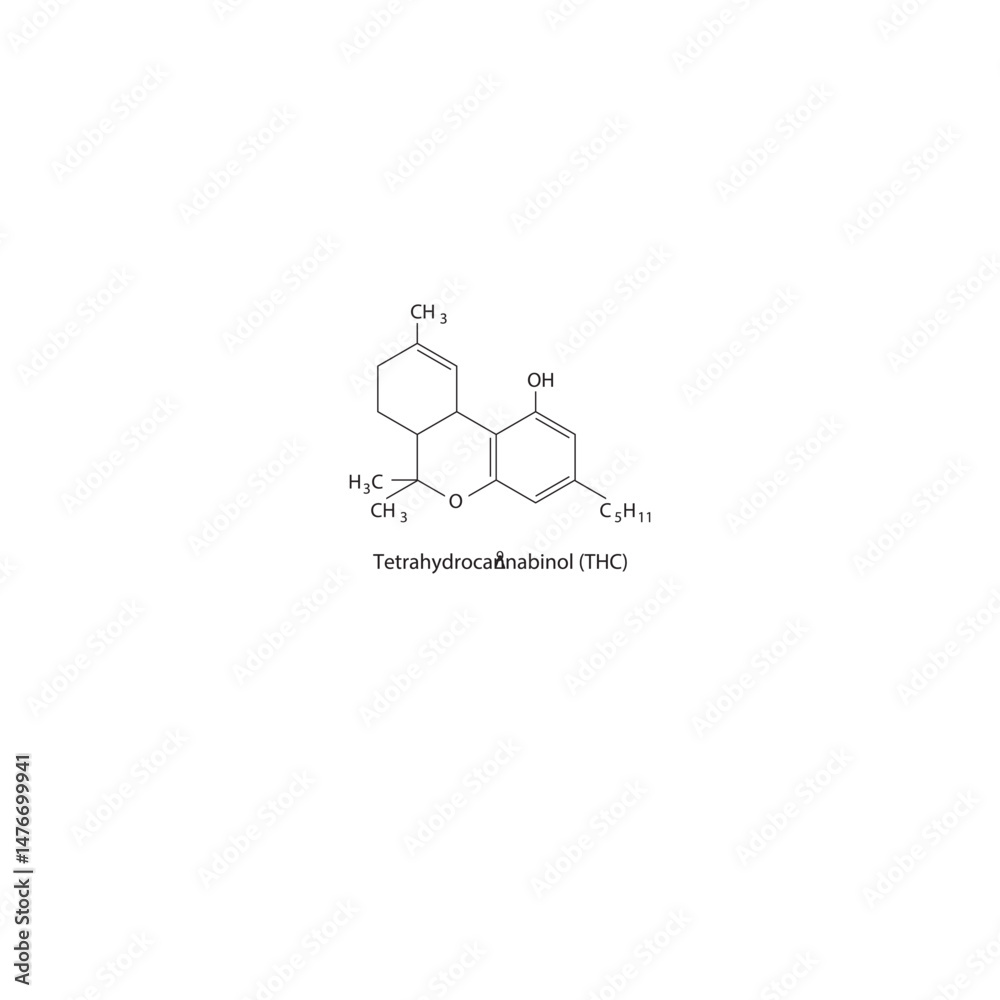 Obraz premium Δ9-Tetrahydrocannabinol (THC) molecule molecular structure, phytocannabinoid compound skeletal formula, simple diagram illustration