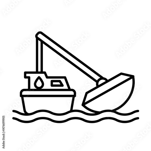 Oil spill skimmer boat on water with simple line design  