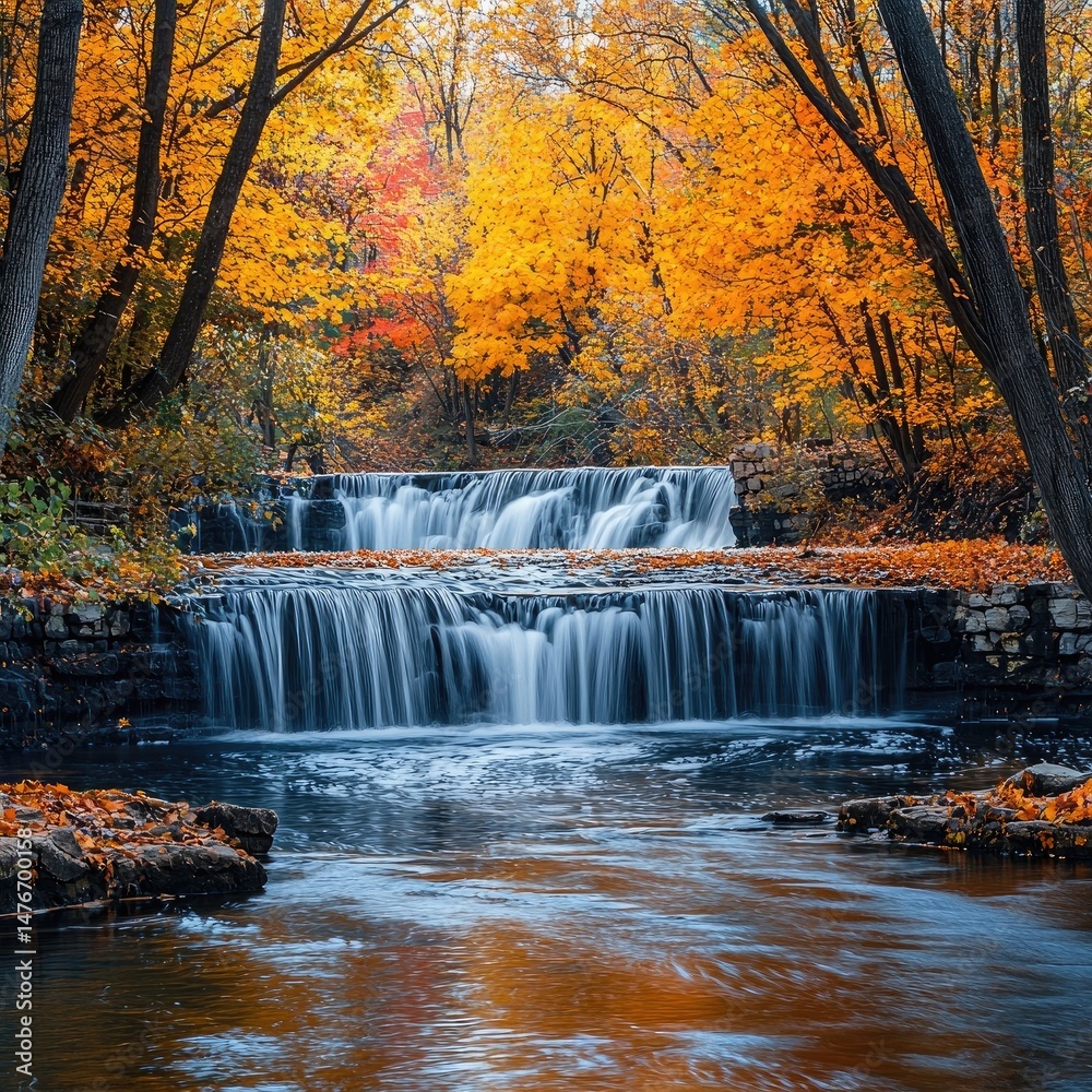 Waterfall cascading over stone ledge into calm pond surrounded by autumn forest with red, orange, and yellow leaves. Generative by AI. Waterfall cascading over stone ledge into calm pond surrounded by autumn forest with red, orange, and yellow leaves. Generative by AI.
