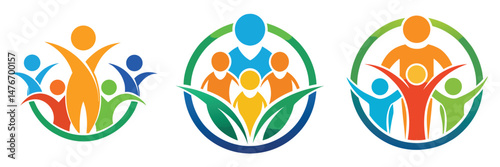 Three vibrant logos depict diverse groups of people, symbolizing community, unity, and shared growth within a circular, nature-inspired frame.