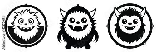 Three friendly, furry monsters with big eyes and toothy grins, depicted in black and white, are presented within circular frames.