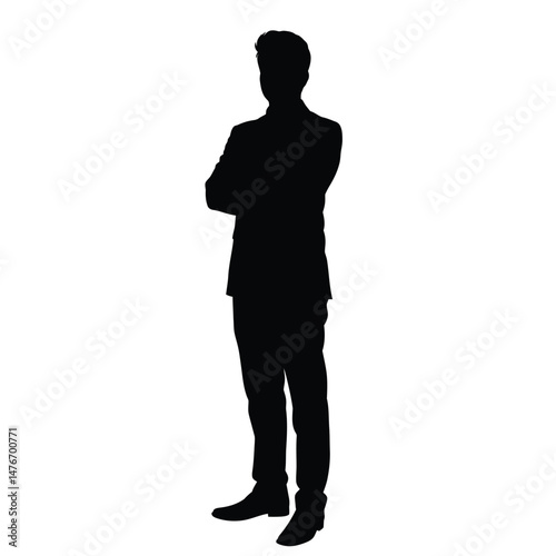 Silhouette of a confident businessman standing with arms crossed isolated against white background