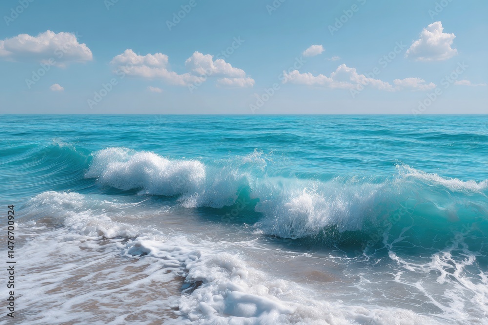 Fototapeta premium Ocean Waves Crashing on Sandy Beach: Serene Coastal Scene