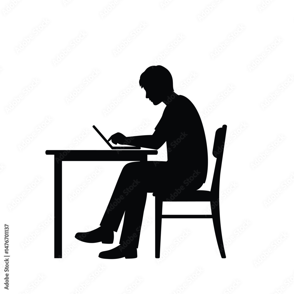 Silhouette of a person working on a laptop sitting at a desk computer isolated on white Silhouette of a person working on a laptop sitting at a desk computer isolated on white