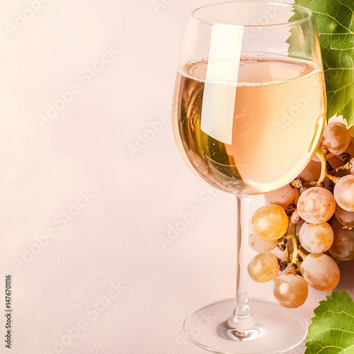 A glass of white wine beside a bunch of fresh green grapes, with a soft pastel background. The wine is clear and reflects light beautifully, creating an inviting atmosphere.