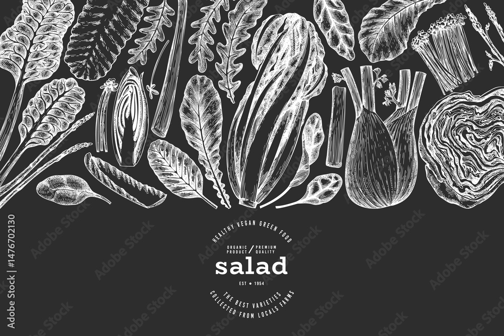 Vegetable Design Template. Vector Hand Drawn Leaf Salad Banner. Vintage Style Menu Illustration On Chalk Board.